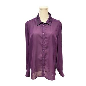 Jaclyn Smith Women's Large Purple Button-Up Long Sleeve Blouse w/Studded Collar